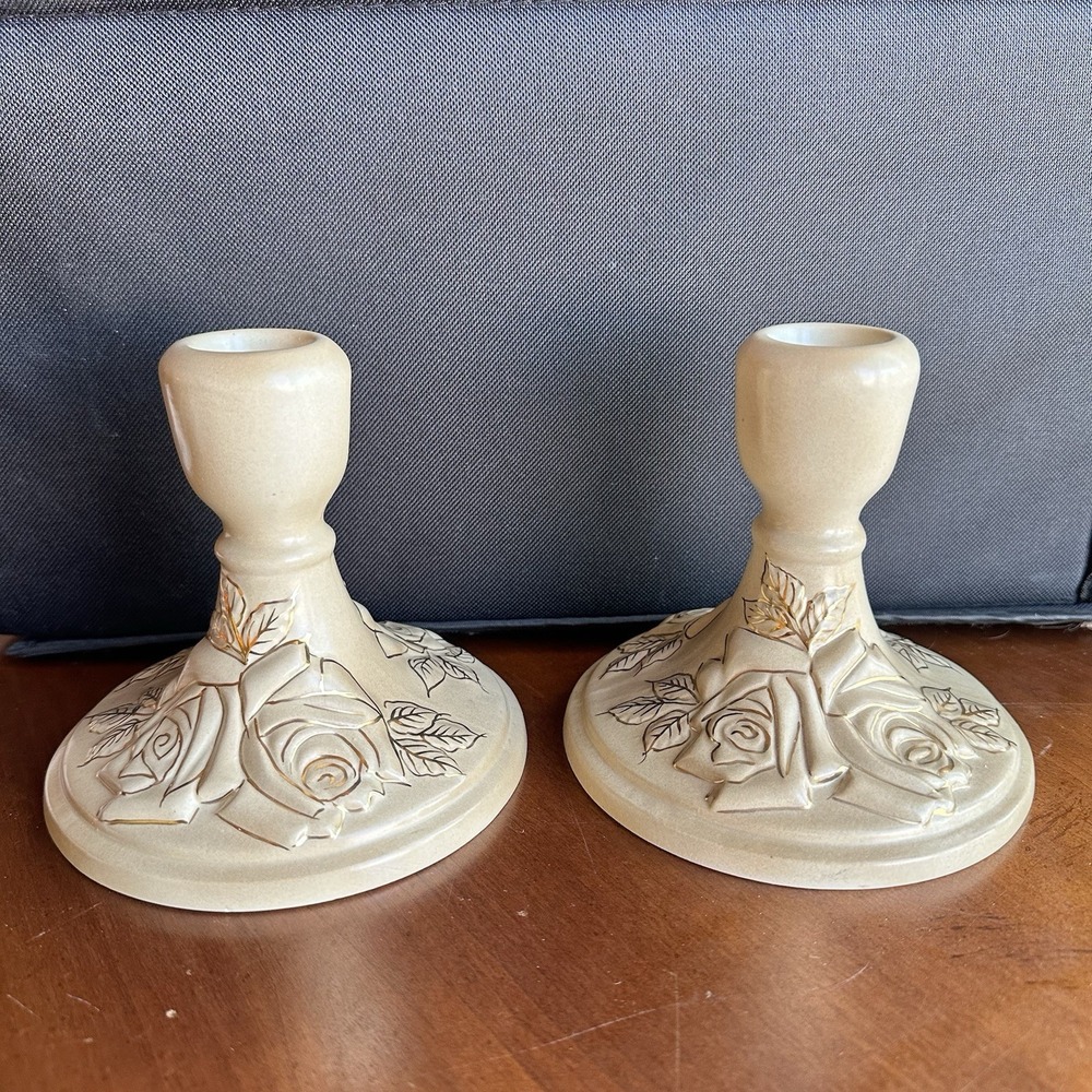 Vintage Mid-Century Ceramic Candle Holder Regency Elegant Cream Signed